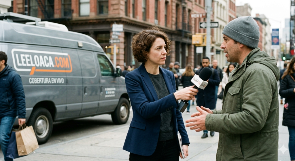 "Unidad móvil de LEELOACA.COM en una cobertura periodística en la calle, con una cronista entrevistando a un ciudadano sobre la actualidad nacional."