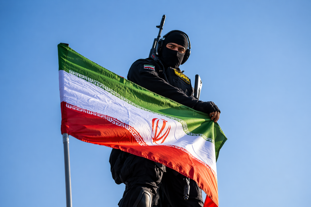 Imagen de fuerzas militares desplegadas en Teherán tras un presunto golpe de Estado, con ciudadanos observando en medio de un clima de tensión.