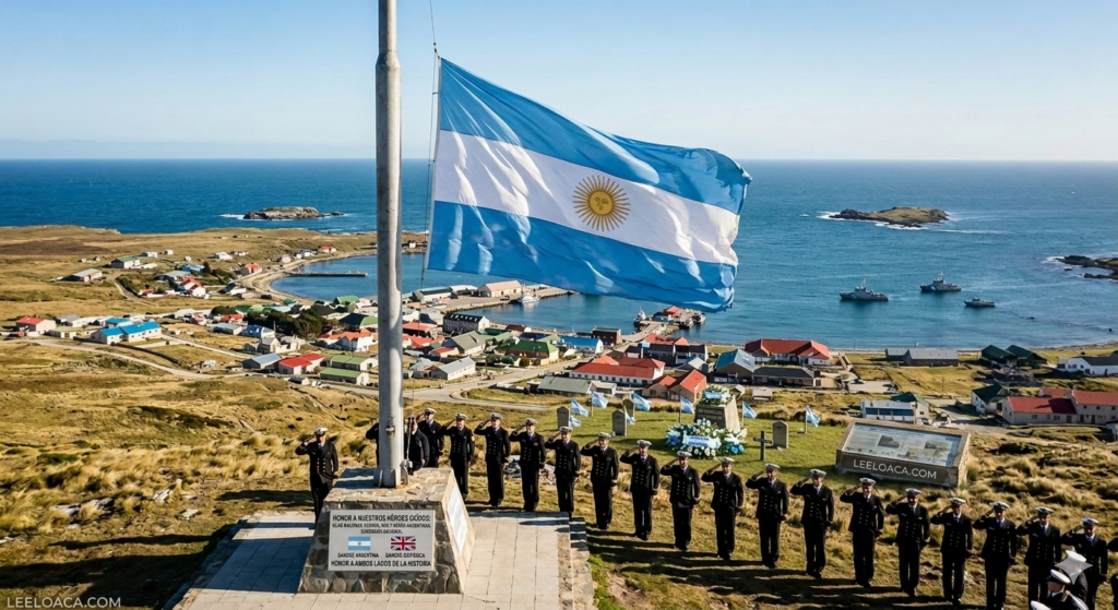 "Soldados en formación rindiendo honores frente a una gran bandera argentina flameando en un mástil en las Islas Malvinas. De fondo se observa el paisaje costero del archipiélago y el mar. En primer plano, una placa conmemorativa con el lema 'Honor a nuestros héroes' y el logo de LeeloAca.com."