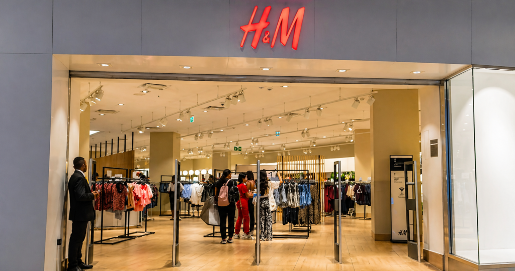 Fachada de una tienda de H&M en un shopping moderno, representando su futura apertura en Alto Palermo en Buenos Aires.