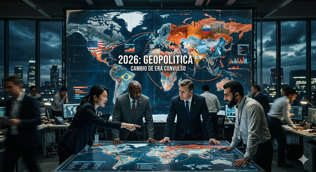 Una escena cinematográfica en un centro de comando estratégico de alta tecnología. En el centro, un grupo de analistas internacionales de diversos orígenes debaten intensamente alrededor de una gran mesa táctica digital que muestra un mapa global con flujos de datos. Al fondo, una pantalla monumental proyecta un mapamundi geopolítico con territorios resaltados y gráficos financieros. Superpuesto en el centro, el título "2026: GEOPOLÍTICA - CAMBIO DE ERA CONVULSO". La atmósfera es tensa y profesional, con una estética de "sala de crisis" moderna bajo una iluminación fría y ventanales que muestran una ciudad nocturna.