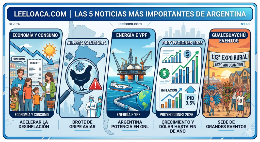 "Infografía de Leeloaca.com que resume las 5 noticias más importantes de Argentina el 5 de abril de 2026. La imagen muestra cinco paneles ilustrados: 1) Economía y consumo con enfoque en la desinflación; 2) Alerta sanitaria por brote de Gripe Aviar; 3) Sector energético destacando a YPF y el potencial del GNL; 4) Proyecciones económicas 2026 con crecimiento del PIB al 3.5%; 5) Gualeguaychú como sede de grandes eventos como la Expo Rural y AutoCamping."