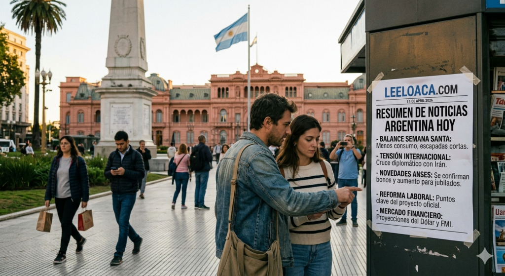 Fotografía urbana en la Plaza de Mayo, Buenos Aires, con la Casa Rosada al fondo. En primer plano, una pareja joven se detiene frente a un puesto de diarios para leer un cartel de LeeloAca.com que detalla el "Resumen de noticias Argentina hoy", incluyendo temas de economía, ANSES y política internacional.