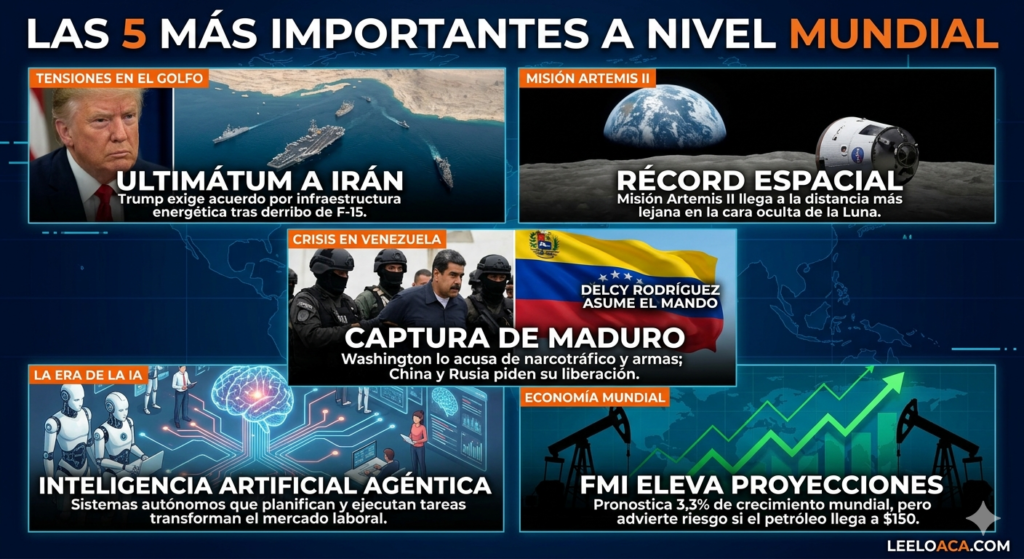 Infografía de LeeloAca.com titulada "Las 5 más importantes a nivel mundial". Presenta cinco paneles sobre un fondo de mapa tecnológico: 1. Tensiones en el Golfo con Donald Trump y flota naval (Ultimátum a Irán); 2. Misión Artemis II con la cápsula Orión sobre la Luna (Récord espacial); 3. Crisis en Venezuela con la captura de Nicolás Maduro y la bandera nacional (Delcy Rodríguez asume el mando); 4. La era de la IA con robots y un cerebro digital (Inteligencia Artificial Agéntica); 5. Economía mundial con torres petroleras y gráficos de crecimiento (FMI eleva proyecciones).