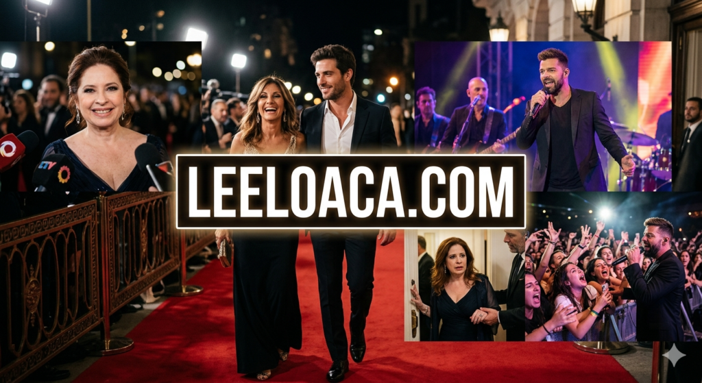 "Collage de noticias de espectáculos con el logo de LeeloAca.com en el centro. Se observa a la actriz Andrea del Boca en una alfombra roja y en una escena de asistencia médica, a la periodista Marcela Tauro junto a su pareja, y al cantante Ricky Martin actuando en vivo frente a una multitud de fanáticos."