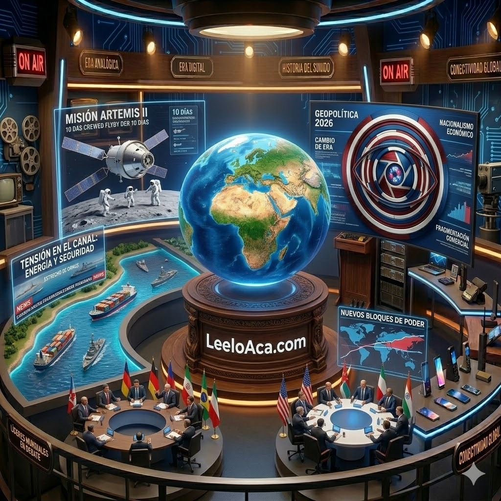 "Una representación visual compleja y moderna en 3D que sitúa un globo terráqueo en el centro de un estudio tecnológico avanzado. A la izquierda, una pantalla detalla la misión Artemis II con una cápsula espacial y astronautas; abajo, un modelo del Estrecho de Ormuz muestra buques de carga y naves militares en tránsito. En la base, líderes mundiales se encuentran sentados en mesas de debate circulares frente a sus respectivas banderas nacionales, mientras el logotipo de LeeloAca.com destaca en el centro de la composición bajo una iluminación cinematográfica."