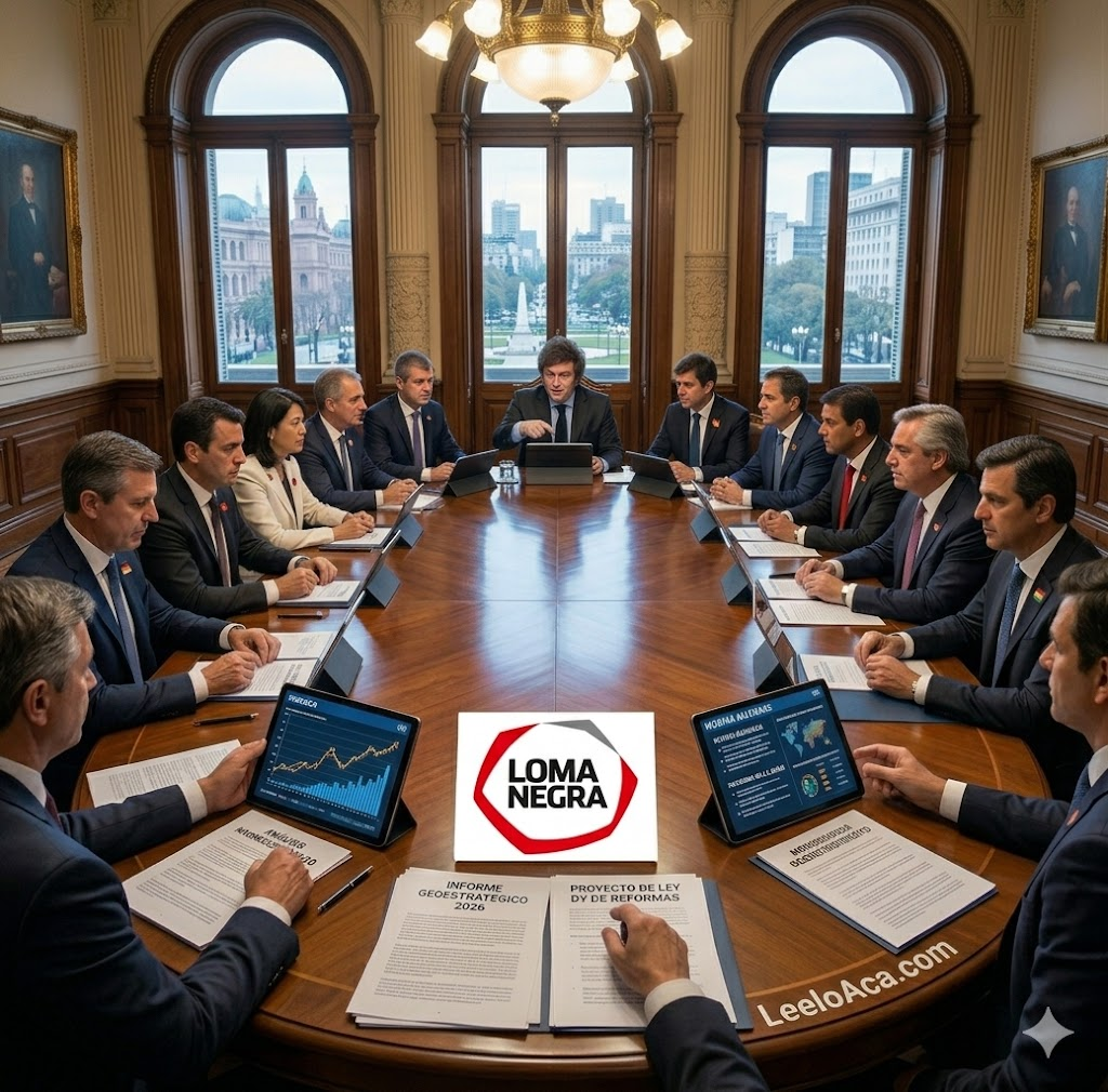 "Escena de una reunión de alto nivel en una oficina gubernamental clásica, donde líderes analizan documentos estratégicos y tablets sobre una mesa circular de madera. En el centro de la mesa, destaca un panel digital con el logotipo de Loma Negra, rodeado de informes sobre geopolítica y reformas. La composición incluye el texto LeeloAca.com en el borde inferior, integrando la identidad corporativa con la agenda política y económica del país."