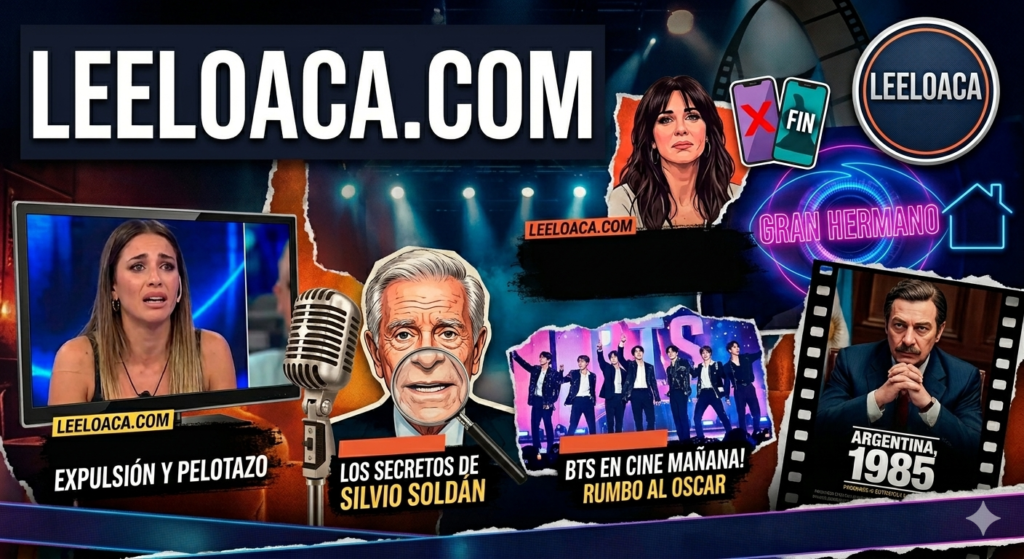 "Composición visual de estilo collage sobre el mundo del espectáculo, donde destaca el nombre 'LEELOACA.COM' en la parte superior. La imagen integra elementos icónicos como el ojo de neón de Gran Hermano, una claqueta de cine, siluetas de celebridades en una alfombra roja y focos de estudio de televisión, todo bajo una iluminación vibrante en tonos azul y magenta."