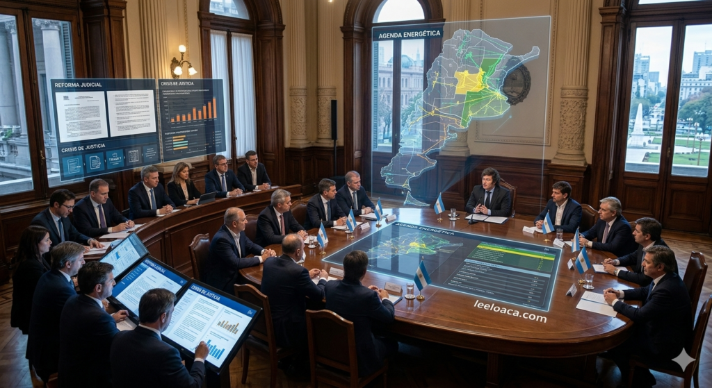 "Fotografía conceptual de una reunión del gabinete presidencial de Javier Milei en una oficina de estilo clásico. Sobre una mesa de madera circular se proyectan hologramas detallados del mapa de Argentina con datos de la 'Agenda Energética' y pantallas digitales que muestran documentos de la 'Reforma Judicial'. El ambiente refleja una atmósfera de alta tecnología y seriedad institucional, con el texto leeloaca.com integrado en la superficie de la mesa."
