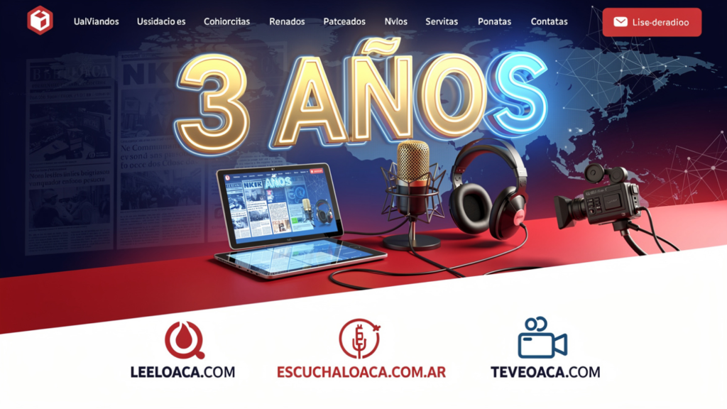 "Portada de 3er aniversario de leeloaca.com y escuchaloaca.com.ar con iconos de periodismo digital, radio y cámaras en vivo sobre fondo tecnológico."